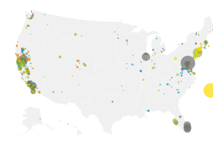 A map showing commitments to electric school buses across the U.S.