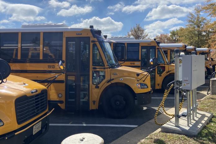 A row of electric school buses charging in a parking lot.