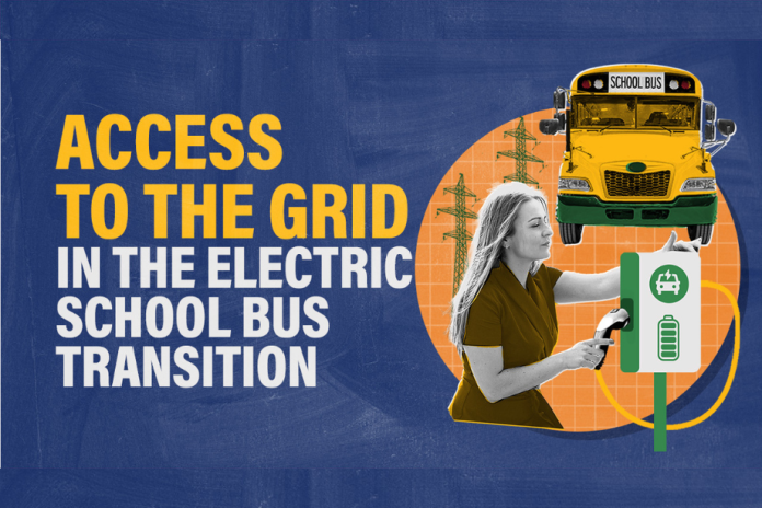 Text reads: Access to the grid in the electric school bus transition. A person is shown plugging in a charger alongside an electric school bus.