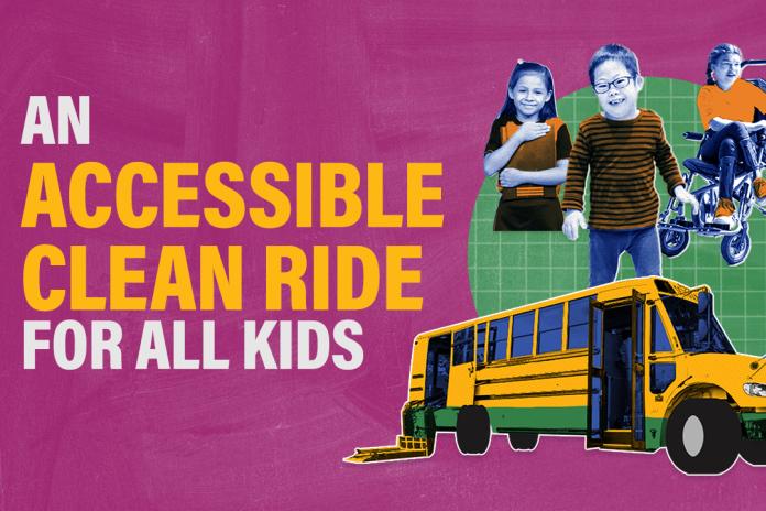 "An Accessible Clean Ride for All Kinds" text on the left and collage-style photos of children appear, a white girl in a wheelchair, an Asian boy with Down syndrome, and a Latinx child without visible disabilities above an accessible ESB.