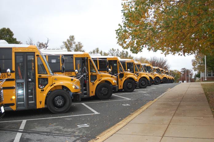 Electric school buses lined up 