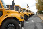 The front ends of several electric school buses in a parking lot.