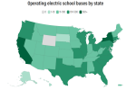 a map indication the number of operating electric school buses in each US state