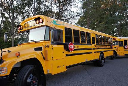 Photo of an electric school bus from the front/side. Trees are behind the bus, and another bus is parked behind.