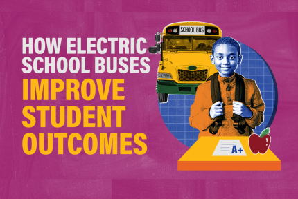 A child stands near a desk and an electric school bus. Text reads: How electric school buses improve student outcomes