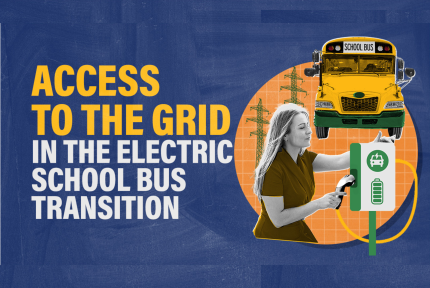 A person plugs in a charger near an electric school bus. Text reads "Access to the grid in the electric school bus transition"