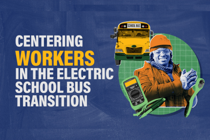 A worker stands near an electric school bus. Text reads "How to make electric school buses even more sustainable"