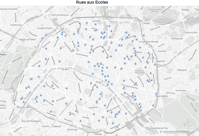A map of Paris featuring locations where streets were transformed to promote walking and biking for students.
