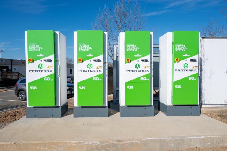 Four large green boxes with the words "Power Control System" and "Proterra" featured prominently. 