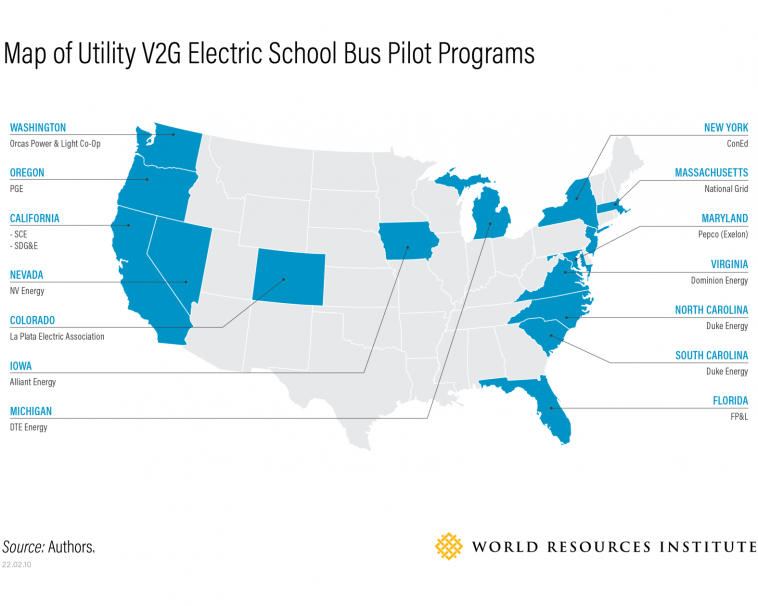 A map of utility V2G electric school bus pilot programs in the US. The map shows that there are pilots in Washington state, Oregon, California, Nevada, Colorado, Iowa, Michigan, New York state, Massachusetts, New Jersey, Maryland, Virginia, North Carolina, South Carolina and Florida.