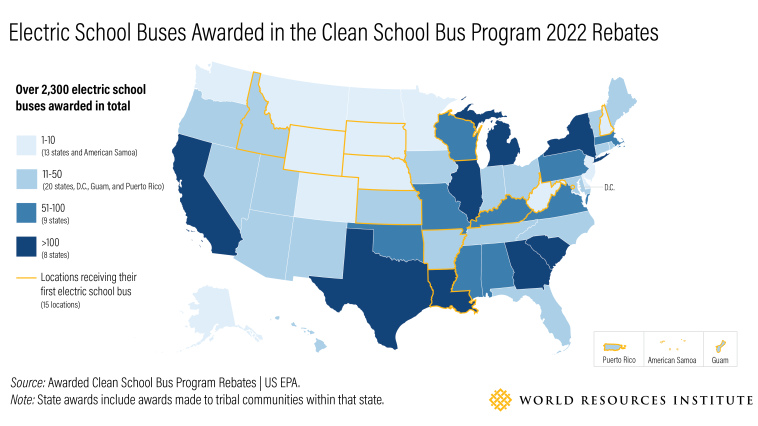 A map showing how many electric school buses were awarded by the Clean School Bus Program per state and territory.