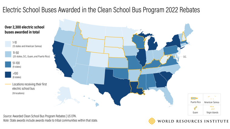 A map of the U.S., showing states where Clean School Bus Program funds were awarded.