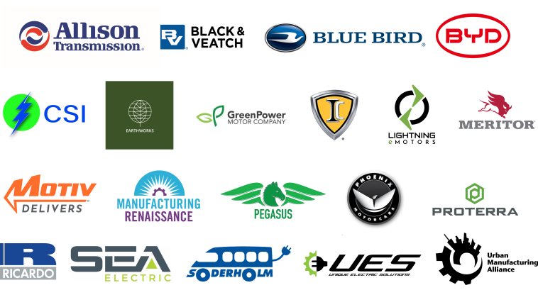 Logos for all members of the current members of the Electric School Bus Initiative Manufacturing & Supply Chain Steering Committee