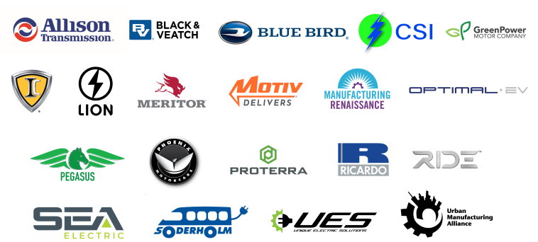 Logos for all members of the current members of the Electric School Bus Initiative Manufacturing & Supply Chain Steering Committee