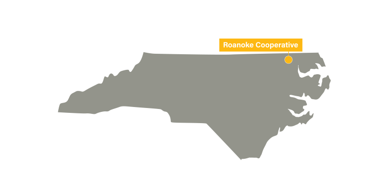 Map of North Carolina with a pin labeled Roanoke Cooperative in the northeastern corner of the state.