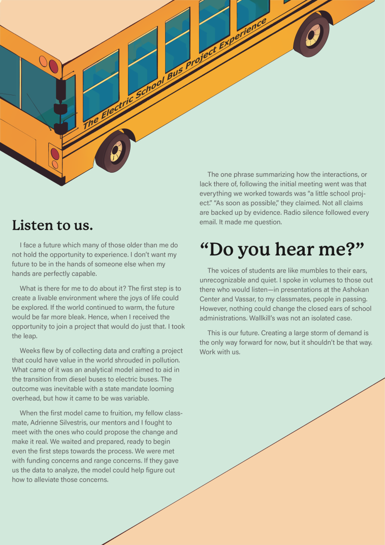 Infographic page featuring a drawing of a school bus and a write-up about the student’s experience advocating for an electric school bus fleet.