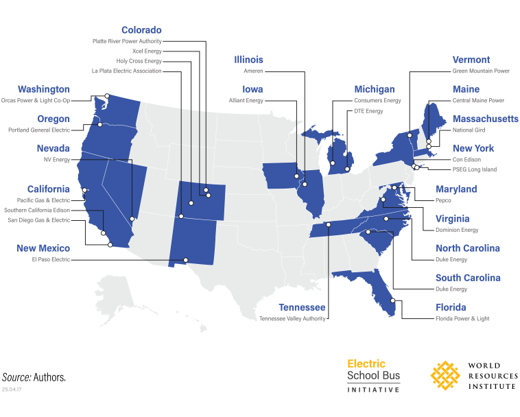 A map of the US highlighting states where Utility V2G electric school bus pilot programs are happening