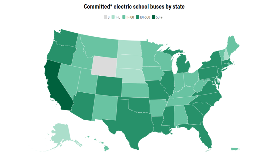 A map showing commitments to electric school buses across the U.S.
