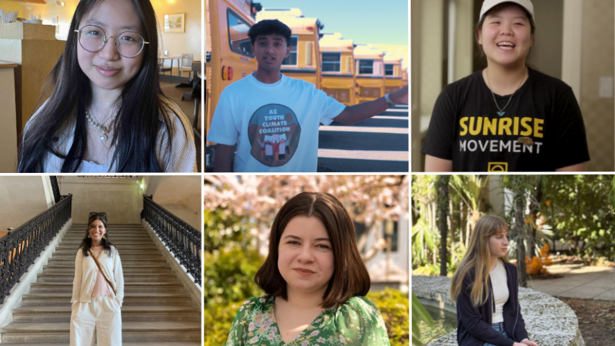 A compilation of students, some smiling some speaking and some looking off to the side.