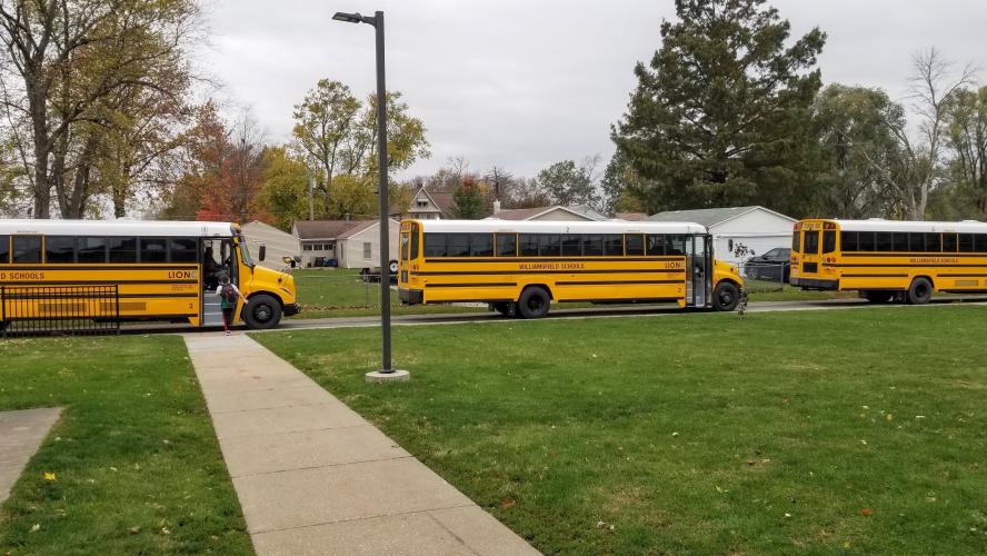 Electric school buses lined up in Williamsfield, Ill. -- credit Tim Farquer