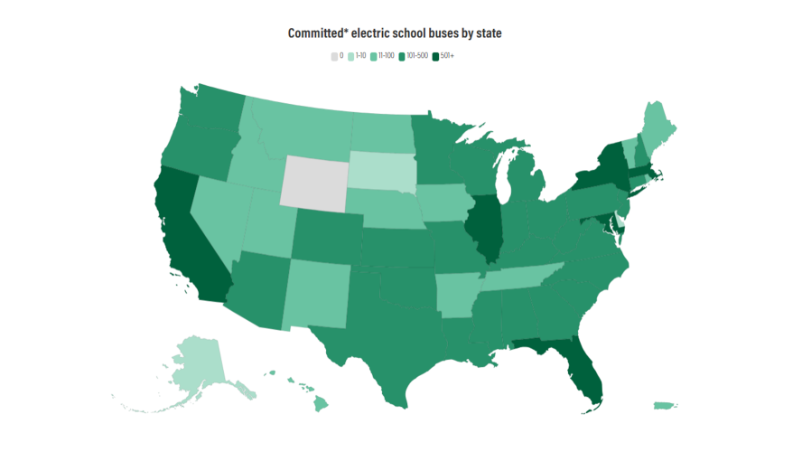 A map of the United States, with each state shaded according to how many committed electric school buses it has. California, Florida, Maryland, New York, Massachusetts and Illinois are among the darkest-shaded states.